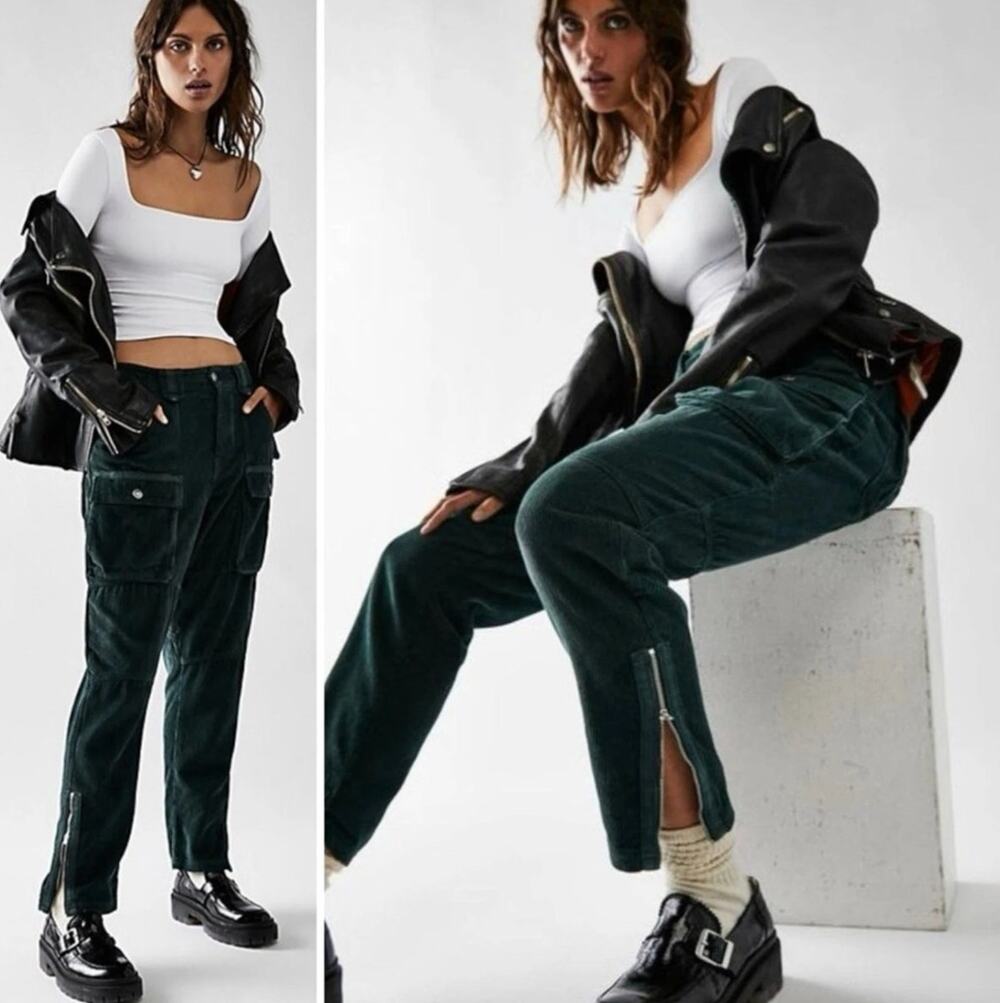 Free People LONDON CALLING Tapered Leg Corduroy Cargo Pants Green 27 NWT $168